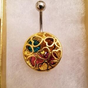 Gold Multicolor Heart Belly Button Ring - Women Jewelry